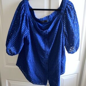 Lauren Ralph Lauren Eyelet Cotton Off-the- Shoulder Blue Saturn Top Blouse XXL‎